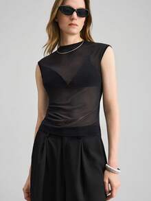 Women's Stand Collar Mesh Sheer Sexy T-Shirt For Dates & Outings,Summer Top - Black - View 6