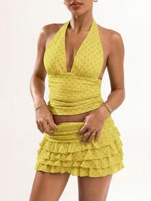 SHEIN BAE 女士波点印花深V领吊带背心 - 芥末黃 - 查看 5