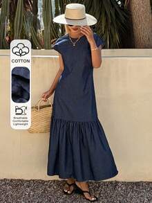 Livesso Women's Cotton Blue Round Neck Sleeveless Ruffle Hem Denim Dress, Summer - Blue - View 1