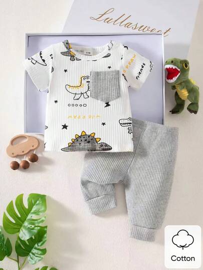SHEIN Yeni Doğan Erkek Bebek Beyaz Çukur Desenli Çizgi Film Dinozor Desenli Baskılı Yeşil Cepli Uzun Kollu Üst ve Yeşil Pantolon İki Parçalı Set Sevimli Günlük Spor Moda Yeni Ürün