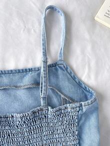 SHEIN 2pcs/Set Teen Girl Lue Denim Camisole With Ruffle Hem & Loose Fit Low Waist Pants,Summer Outfits,Casual And Fashionable Vacation Outfits,Street Wear,2000s Style ,Comfortable And Soft Denim,Comfortable And Soft Denim Pant,Teen Girl Set,Teen Girl Summer Set - Light Wash - View 9