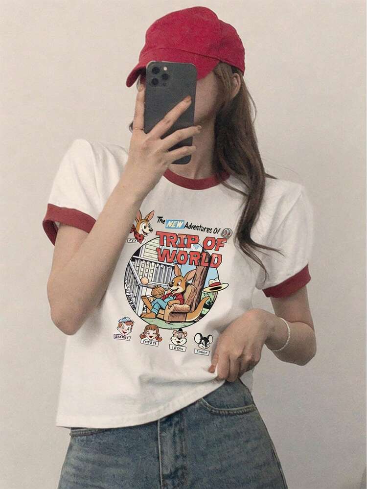 Women's Casual Cartoon Print Short Sleeve T-Shirt, Summer