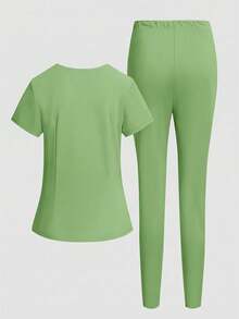 TaskEZ Solid Color Short Sleeve Pocket Top And Pants Scrub Uniform Set - Green - View 4