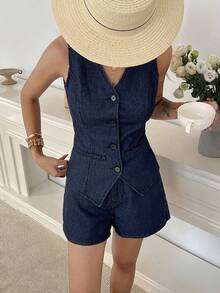 Livesso Vintage Washed Blue Sleeveless Denim Vest Cardigan Top & Shorts Set, Casual Vacation Style, Suitable For Spring & Summer, Wedding, Commuting - Medium Wash - View 4