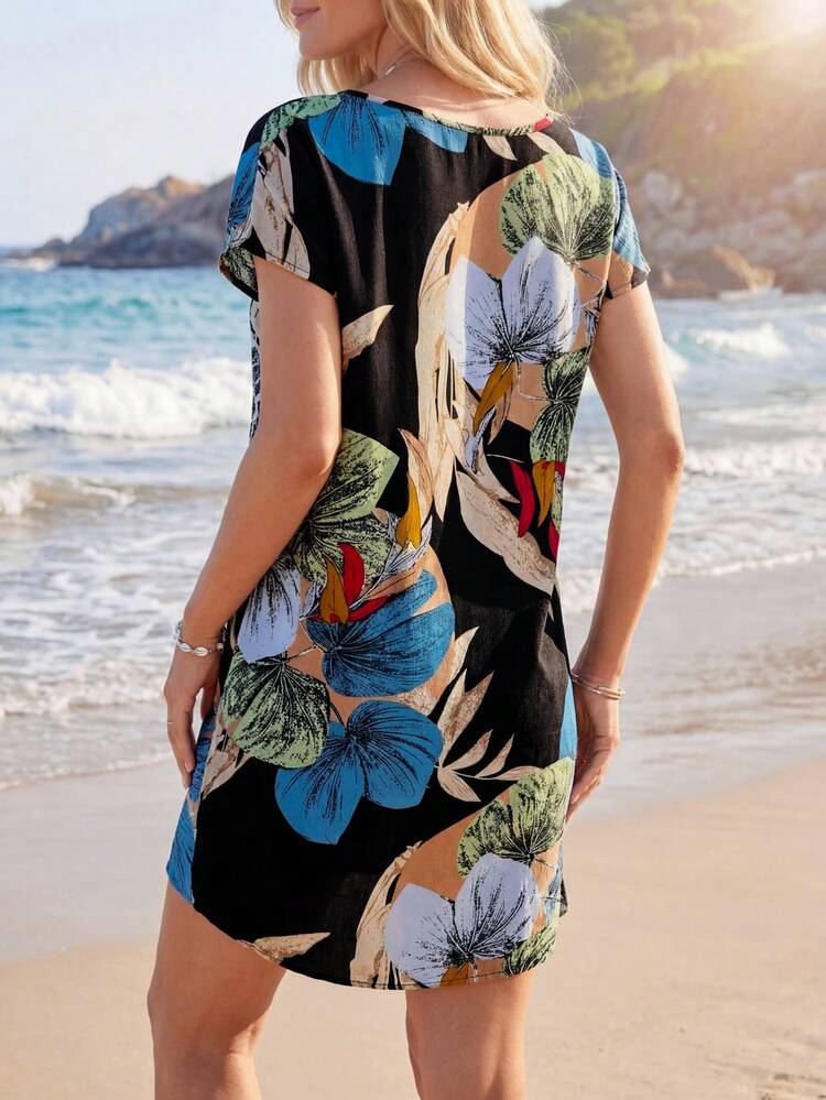 Tropical Print Batwing Sleeve Tunic Dress