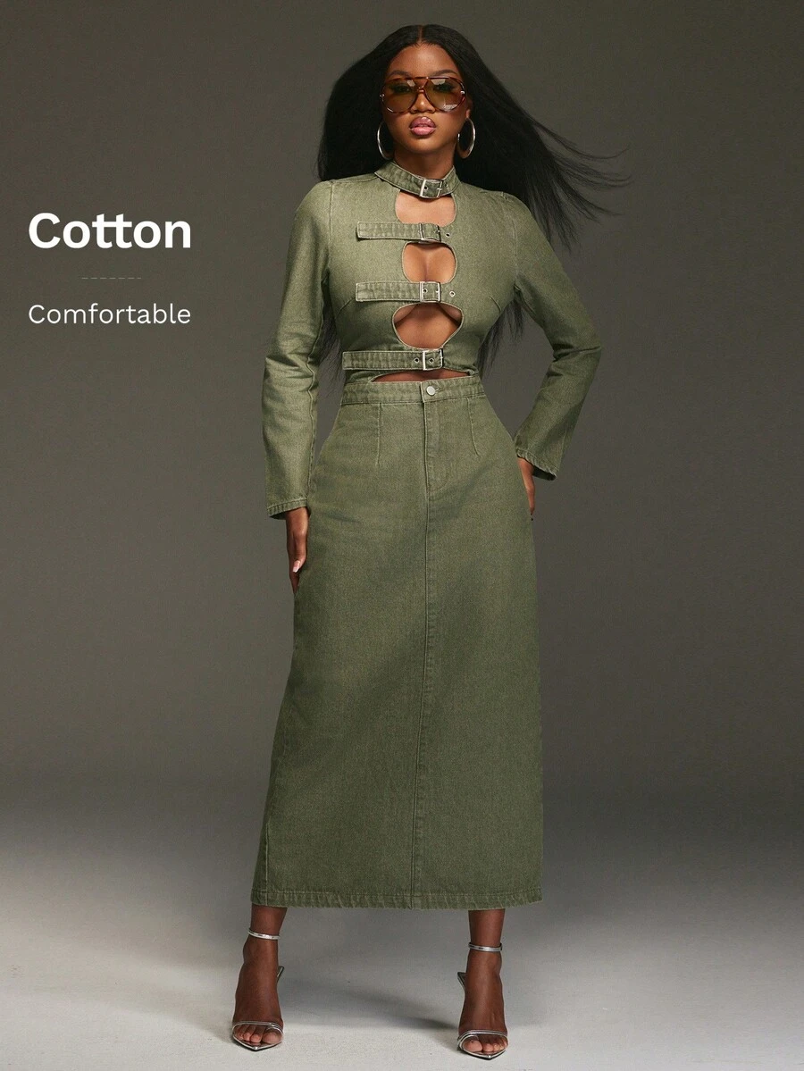 NYA SZN Đầm dài tay ôm sát, chi tiết khóa cài, khoét eo, khóa kéo, kiểu cargo, dài đến mắt cá chân, màu xanh lá cây, phù hợp cho mùa thu đông. - màu xanh lá - Xem 1