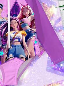 亮紫色渐变，卡通女孩印花图案，少女休闲简约连体泳衣，适合夏季穿着 - 彩色 - 查看 6