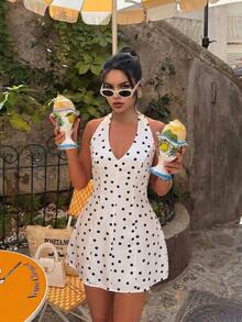 Lucivie 女士法式复古V领波点露背无袖收腰性感短裙 - 杏色 - 查看 1