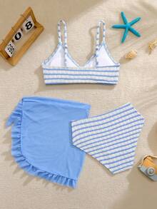 3pcs/Set Tween Girl Blue & White Knit Texture Summer Beach Striped Swimwear Set, Vacation & Holiday Girls Beach Set Swimsuit For Tweens Striped Girls Stripe Bikini With Cover Up 3 Piece Swimsuit Set For Girls Teen Girls Bathing Suit Set Girl Beach Sets - Blue - View 2