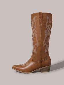 Styleloop Ladies Sexy Casual Western Boots One Pedal Pointed Heel Thick Heel Festival Leather PU Embroidered Handmade Women's Boots Brown Boots - Brown - View 3