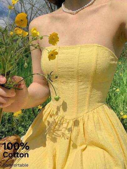 SHEIN MOD Women's Casual Solid Color Tube Top Mini Dress, Summer, Festival Dresses, Party Dress, Beach Outfits For Women, Wedding Guest Dress For Women, Graduation Dress, Elegant Dresses For Women, Tea Party Dress, Luxury Evening Dresses For Women, Graduation Dress For Women, Women's Strapless Corset Bodice Mini Dress Yellow Summer Flared Skirt Party Dress, Yellow Baby Doll Dress