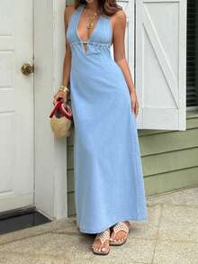 Sunnyshic Women's Halter Backless Denim Dress With High Slit - Blue - View 4