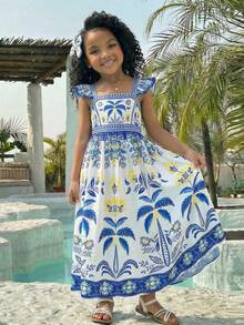 Vestido casual de volantes con estampado total para niña, ideal para uso diario y vacaciones - Azul y blanco - Ver 5