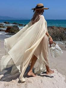 Livesso Áo khoác dài trễ vai cho nữ, váy đi biển hơi xuyên thấu, áo khoác ngoài gợi cảm cho đồ bơi thường ngày. - Màu vàng - Xem 6