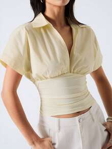 LYSMO Áo kiểu tay cánh dơi, xếp ly, vạt rộng - Vàng nhạt - Xem 4