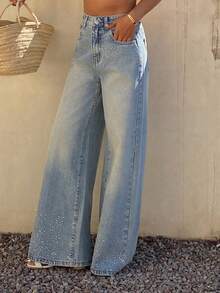 DAZY Quần jeans nữ ống đứng dáng rộng, cạp универсальный, thiết kế đính đá lấp lánh, phong cách Y2K thường ngày và thanh lịch. - Rửa nhẹ - Xem 6