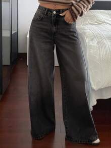 DAZY Jeans de pierna recta con decoración de bolsillo con estrella para mujer, estilo casual de calle Y2K - Negro - Ver 3