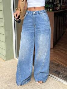 Sunnyshic Women's Pocket Button Casual Versatile Daily Wear Wide Leg Jeans - Blue - View 1