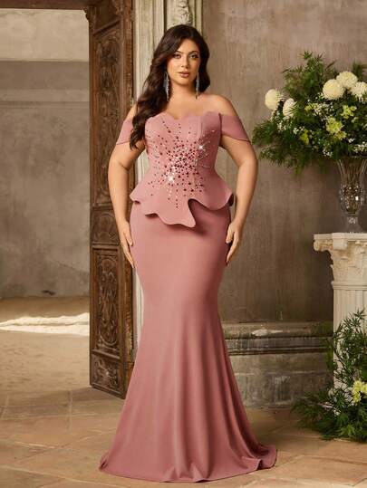 Aureia Đầm dạ hội cỡ lớn thanh lịch màu hồng củ sen, chất liệu dệt kim co giãn, kiểu trễ vai, đính đá 3D lấp lánh, thêu tay tỉ mỉ, thiết kế đuôi cá xẻ tà bất đối xứng, phù hợp cho đám cưới, tiệc độc thân, hẹn hò, du lịch, tiệc tối trang trọng, đầm dạ hội dành cho nữ.