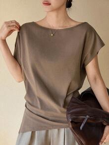 Dazy-Less Camiseta de mujer de manga corta de unicolor casual, versátil para el verano y el estilo casual de negocios - Café integral - Ver 7