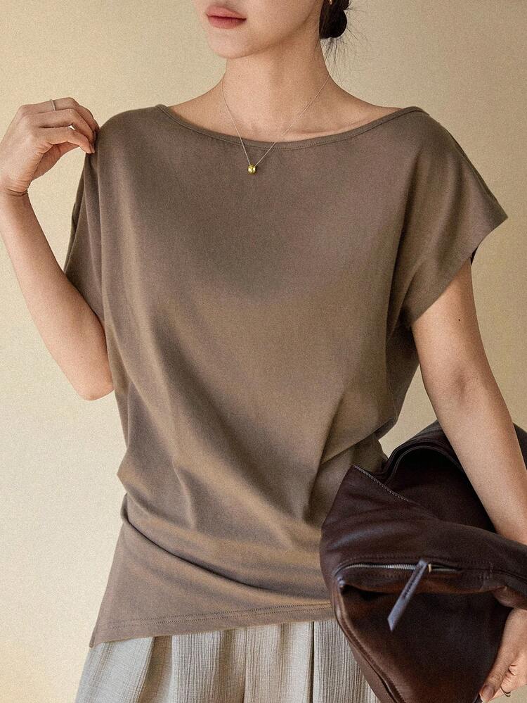 Women's Casual Solid Color Short Sleeve T-Shirt, Versatile For Summer Business Casual Woman