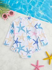 SHEIN 女婴海星印花休闲沙滩连体泳衣 - 藍色 - 查看 3