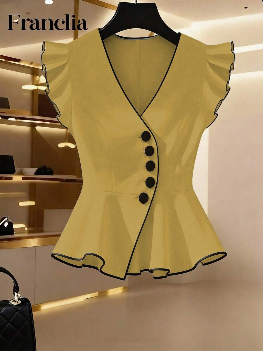 Franclia 女士荷叶边袖单排扣V领时尚衬衫 - 黃色 - 查看 1