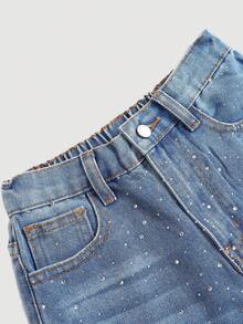 女童闪亮水钻装饰宽松牛仔短裤 - 中等水洗藍 - 查看 3