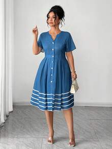 SHEIN Elenzya Vestido de verano elegante y de gran tamaño tejido al estilo francés para mujer - Azul - Ver 7