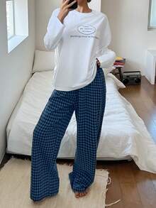 DAZY 2pcs/Set Women Graphic Print Loose Long Sleeve T-Shirt And Straight Long Pants Casual Sleepwear Suit, Spring - White - View 6