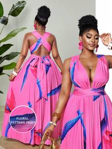 Maweii 大码女式热带印花荷叶边连衣裙 - 粉色 - 查看 1