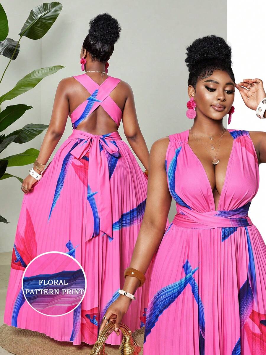 Maweii 大码女式热带印花荷叶边连衣裙 - 粉色 - 查看 1