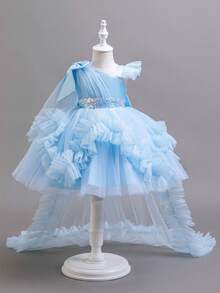 Baby Girls' Trailing Dress, Party Gown For 1st Birthday Celebration - Blue - View 1
