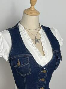 Elamini Y2K Fashion Casual Button-Up Sleeveless Denim Vest With Pockets - Dark Wash - View 7