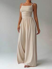 SHEIN Tall 女士休闲褶皱宽松直筒连体裤，春夏款 - 杏色 - 查看 5