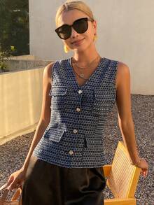 Livesso Ropa casual de oficina con textura de cuadros para primavera y verano, elegante chaleco de mezclilla azul desgastado con cintura ceñida de moda retro, adecuado para el Día de San Valentín, bodas, vacaciones - Azul - Ver 7
