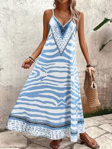 EMERY ROSE Gaun Terusan Maxi Longgar Motif Leopard untuk Wanita, Elegan untuk Pemakaian Sehari-hari dan Liburan Musim Panas - Blue and White - View 3