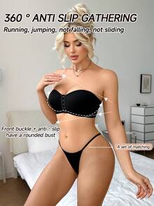 2pcs Minimalist Comfortable Bandeau Bra Set - Black - View 3