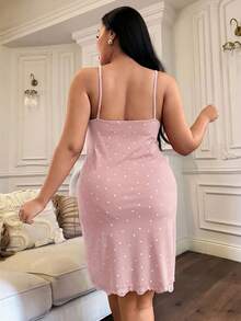 ZzzCrew Vestido de tirantes con estampado de corazón rosa, tejido acanalado y encaje de contraste con lazo, sexy y lindo, talla grande para mujer - Rosa - Ver 3