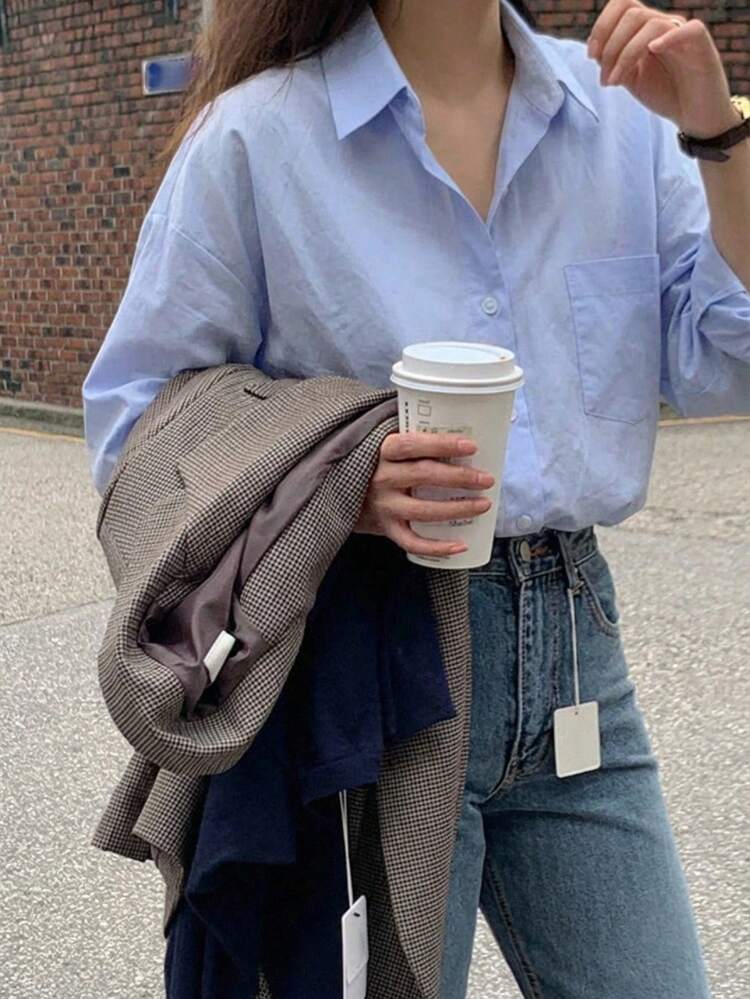 Women's Solid Color Drop Shoulder Front Button Casual Loose Versatile Breathable Shirt Long Sleeve Top