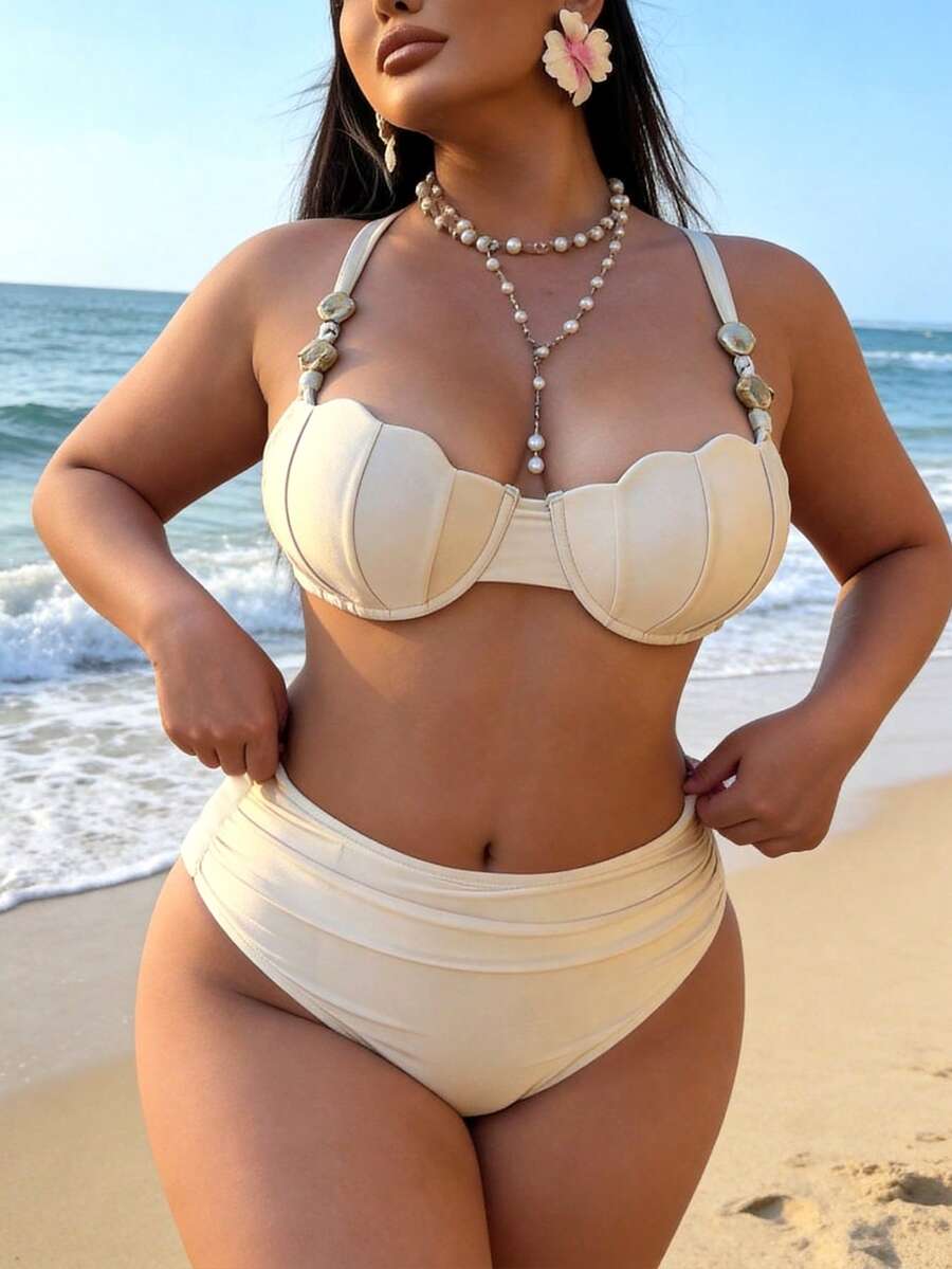 Swim Vcay Plus Size 2 Pieces Swimwear With Adjustable Shoulder Straps - White - View 1