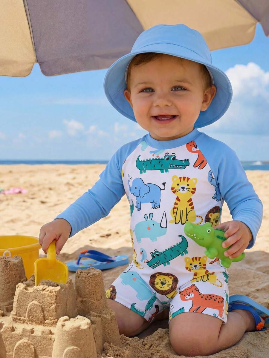 SHEIN Bubblio Unisex Baby Cute Animal & Stripe Print Long Sleeve Cover Up, Suitable For Outdoor, Swimming, Hot Spring, Beach, Surfing, Spring/Summer - Multicolor - View 1