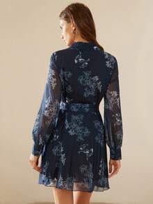 Aveloria Rosie Vestido con botones y cinturón con estampado de flores, atuendo de vacaciones para mujer - Azul Marino - Ver 2