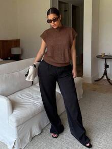 Dripcurv 女士加大码灰色优雅高领宽松休闲百搭无袖针织背心，秋冬季必备 - 棕色 - 查看 6