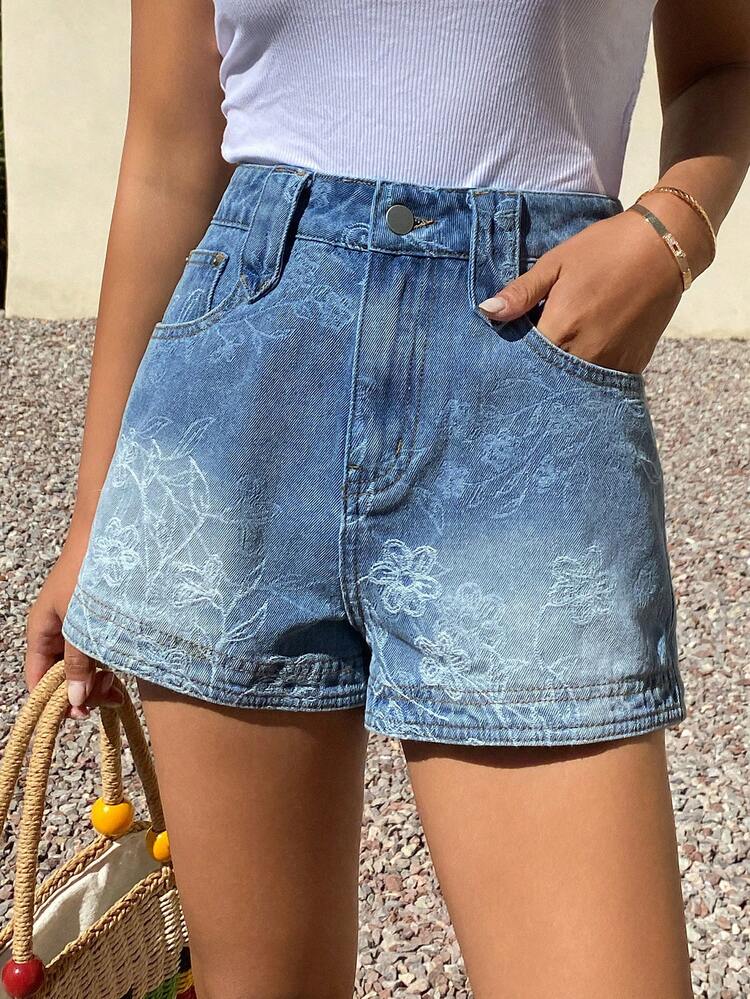 Women's Distressed Denim Shorts, Blue Textured Pattern, Casual Beach Holiday Vacation Jorts Summer Y2k