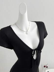 Elamini Deep V-Neck Tie Waist Black Mini Dress, Casual For Spring/Summer - Black - View 5