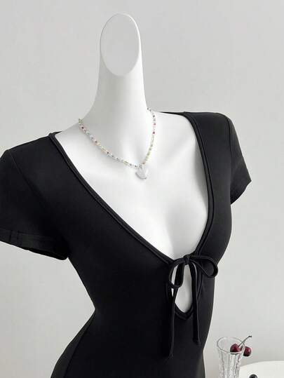 Elamini Deep V-Neck Tie Waist Black Mini Dress, Casual For Spring/Summer