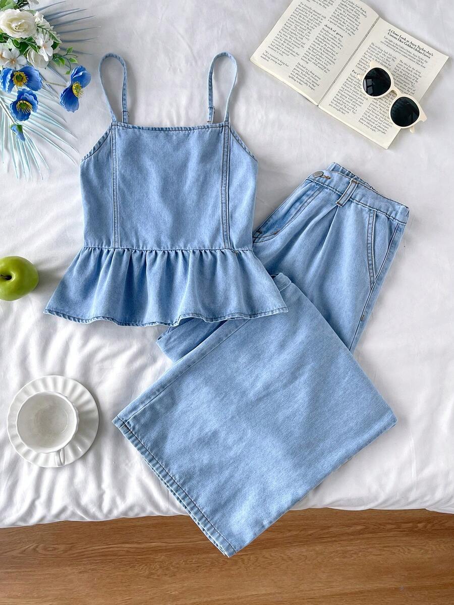 SHEIN 2pcs/Set Teen Girl Lue Denim Camisole With Ruffle Hem & Loose Fit Low Waist Pants,Summer Outfits,Casual And Fashionable Vacation Outfits,Street Wear,2000s Style ,Comfortable And Soft Denim,Comfortable And Soft Denim Pant,Teen Girl Set,Teen Girl Summer Set - Light Wash - View 1