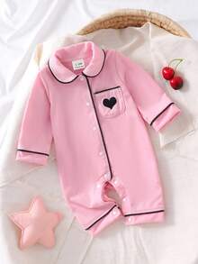 Newborn Footed Pajamas, Elegant Embroidered Heart Pattern, Front-Open One-Piece Soft Solid Color, Skin-Friendly & Comfortable - Pink - View 8