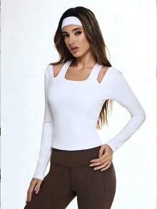 SHEIN Sports 女士白色露背镂空长袖上衣，现代运动休闲风，修身瑜伽健身服，露背紧身长袖运动T恤，新款瑜伽休闲服，露背上衣，露背运动上衣，露背健身上衣，女士运动上衣，长袖运动上衣，女士健身服上衣 - 白色 - 查看 6
